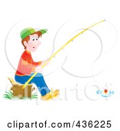 Poster, Art Print Of Boy Sitting On A Stump And Fishing