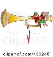 Gold Christmas Horn With Holly And A Red Bow