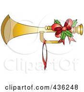 Royalty Free RF Clipart Illustration Of A Gold Christmas Horn With Holly And A Red Bow