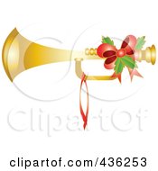 Golden Christmas Horn With Holly And A Red Bow