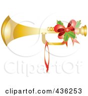 Royalty Free RF Clipart Illustration Of A Golden Christmas Horn With Holly And A Red Bow