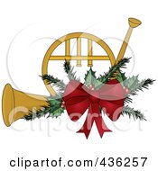 Royalty Free RF Clipart Illustration Of A Gold Christmas French Horn With Holly And A Red Bow