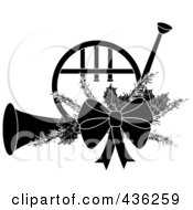 Poster, Art Print Of Black And White Christmas French Horn With Holly And A Bow