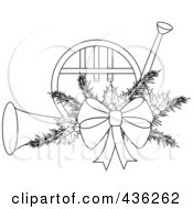 Outlined Christmas French Horn With Holly And A Bow