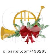 Golden Christmas French Horn With Holly And A Red Bow