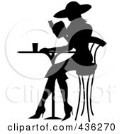 Royalty Free RF Clipart Illustration Of A Black Silhouetted French Woman Reading A Book At A Bistro Table