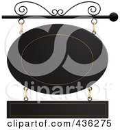 Black And Gold Oval And Rectangle Store Front Sign Suspended From A Black Pole