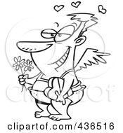 Royalty Free RF Clipart Illustration Of A Line Art Design Of A Romantic Cupid Holding A Box Of Valentine Candy And Flowers