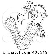 Royalty Free RF Clipart Illustration Of A Line Art Design Of A Vulture Perched On A Letter V Cactus by toonaday