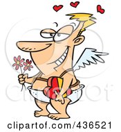 Royalty Free RF Clipart Illustration Of A Romantic Cupid Holding A Box Of Valentine Candy And Flowers by toonaday