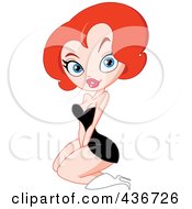 Poster, Art Print Of Sexy Retro Red Haired Pinup Woman Kneeling In A Black Dress