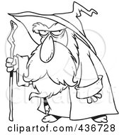 Royalty Free RF Clipart Illustration Of A Line Art Design Of An Old Wizard Using His Cane by toonaday
