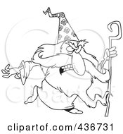 Royalty Free RF Clipart Illustration Of A Line Art Design Of A Mad Wizard With A Cane by toonaday