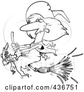 Royalty Free RF Clipart Illustration Of A Line Art Design Of A Witch Halting Her Broomstick