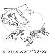 Poster, Art Print Of Line Art Design Of A Ragged Witch Flying On Her Broomstick