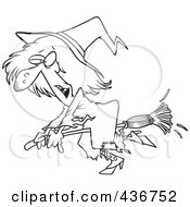Royalty Free RF Clipart Illustration Of A Line Art Design Of A Ragged Witch Flying On Her Broomstick
