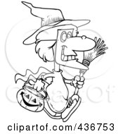 Royalty Free RF Clipart Illustration Of A Line Art Design Of A Halloween Witch Girl Carrying A Pumpkin Basket