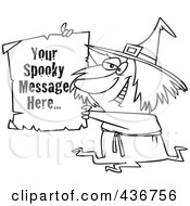 Royalty Free RF Clipart Illustration Of A Line Art Design Of A Witch Holding Up A Piece Of Paper With Sample Text