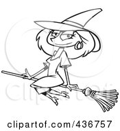 Royalty Free RF Clipart Illustration Of A Line Art Design Of A Beautiful Witch Sitting On Her Broomstick