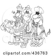 Royalty Free RF Clipart Illustration Of A Line Art Design Of Three Wise Dudes Wearing Shades And Riding Camels