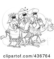 Royalty Free RF Clipart Illustration Of A Line Art Design Of Three Wise Kids Wearing Shades And Riding Camels