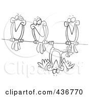 Royalty Free RF Clipart Illustration Of A Line Art Design Of A Silly Bird Hanging Upside Down On A Wire By His Friends by toonaday