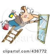 Window Cleaner Leaning Far Over A Ladder