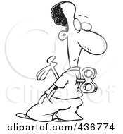 Royalty Free RF Clipart Illustration Of A Line Art Design Of A Black Wind Up Businessman Holding A Hand Out And Looking At His Back