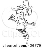 Royalty Free RF Clipart Illustration Of A Line Art Design Of A Happy Woman Holding A Winning Lottery Ticket