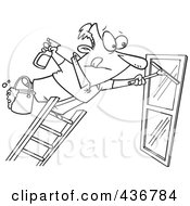 Poster, Art Print Of Line Art Design Of A Window Cleaner Leaning Far Over A Ladder
