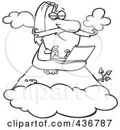 Royalty Free RF Clipart Illustration Of A Line Art Design Of A Wise Man Using A Laptop On A Mountain by toonaday