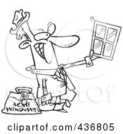 Royalty Free RF Clipart Illustration Of A Line Art Design Of A Window Salesman Holding Up A Window