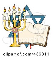 Royalty Free RF Clipart Illustration Of A Golden Menorah And Book In Front Of The Star Of David