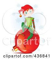 Royalty Free RF Clipart Illustration Of A Happy Christmas Elf Sitting On A Red Bauble Over Snowflakes And Blue
