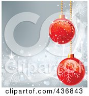 Poster, Art Print Of Silver Snowflake Background With Red Christmas Baubles