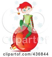 Poster, Art Print Of Happy Christmas Elf Sitting On A Red Ornament With Blue Snowflakes