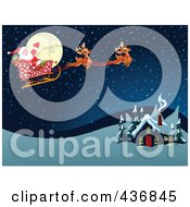 Poster, Art Print Of Royalty-Free Rf Clipart Illustration Of Santa Flying In The Snow Over A Cabin In A Winter Landscape