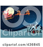 Royalty Free RF Clipart Illustration Of Santa Flying In The Snow Over A Cabin In A Winter Landscape