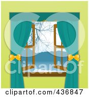 Royalty Free RF Clipart Illustration Of Curtains Framing A Window With A Lake And Mountain View by elaineitalia