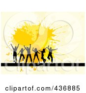 Poster, Art Print Of Happy Silhouetted Dancers Over Yellow Splatters On Beige