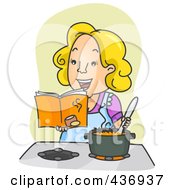 Poster, Art Print Of Happy Mom Reading A Cook Book And Stirring Soup Over Green