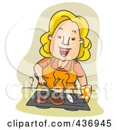 Poster, Art Print Of Happy Woman Grilling Fish And Meat Over Tan