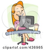 Happy Woman Wearing Slippers And Working On A Computer