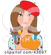 Clipart Illustration Of A Pretty Female Brunette Artist Holding A Palette And Brushes by Maria Bell