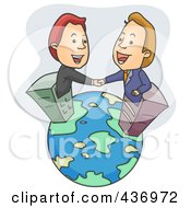 Poster, Art Print Of Two Businessmen In Skyscrapers Shaking Hand On A Globe