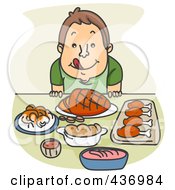 Royalty Free RF Clipart Illustration Of A Hungry Boy Licking His Lips And Sitting Before A Feast