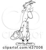 Royalty Free RF Clipart Illustration Of A Black And White Outline Design Of A Male Patient Looking Back At The Velcro On His Hospital Gown