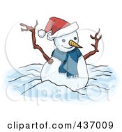 Poster, Art Print Of Cute Carrot Nosed Winter Snowman With A Santa Hat