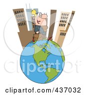 Royalty Free RF Clipart Illustration Of A Caucasian Businesswoman Walking In A Tall City On Top Of A Globe