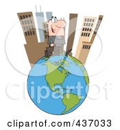 Poster, Art Print Of Caucasian Businessman Walking In A Tall City On Top Of A Globe